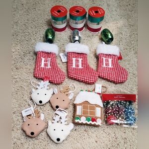 Festive Holiday Ornament Set - Reindeer Stocking Mini Christmas Ribbons Bows